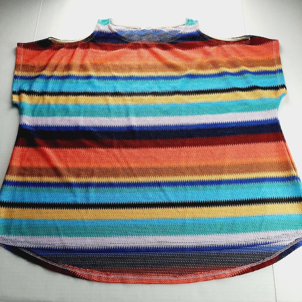 Easel Womens Cold Shoulder Top Size Large Rainbow Striped Open Knit Sweater